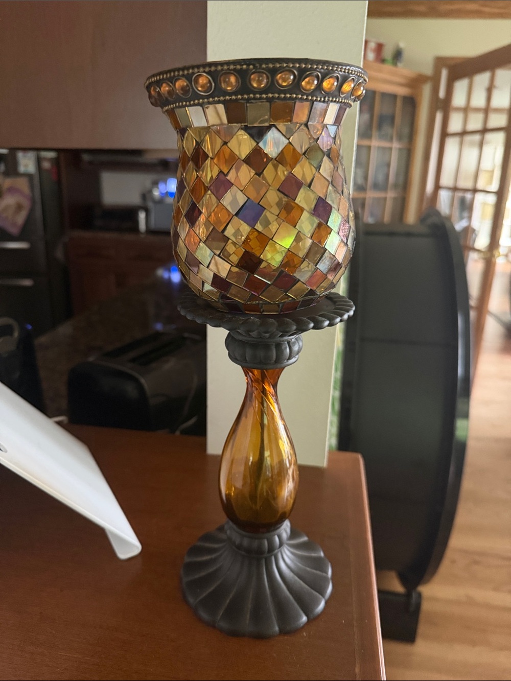 PartyLite Amber Mosaic Glass & Metal Candlestick Holder